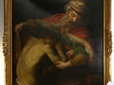 une image représentant un tableau où l'on voit un homme tenant un enfant dans ses bras