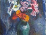 an oil painting of a vase with flowers in it on a table