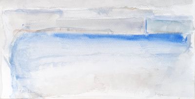 abstract watercolor painting of a blue and white boat in a body of water