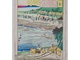 a painting of a group of people on a beach near a body of water