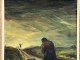 an image of a painting of a man kneeling on a hill