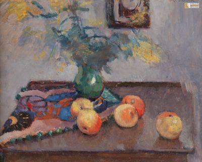 une peinture représentant un vase de fleurs et de fruits sur une table