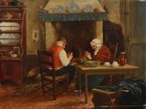 painting of two people sitting at a table in front of a fireplace