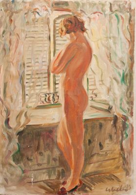 une image d'un tableau représentant une femme debout devant une fenêtre