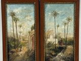 deux tableaux représentant une scène de village avec des palmiers et une maison