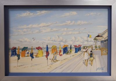 un tableau représentant une scène de plage avec des parasols sur le sable