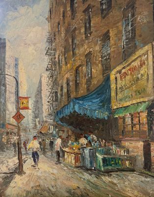 painting of a city street scene with people walking down the street