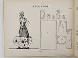 an open book with a drawing of a woman in a dress