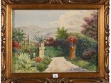 une peinture à l'huile représentant une scène de jardin avec un portail et des fleurs