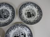 three black and white plates with pictures of people on them
