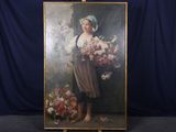 un tableau représentant une femme tenant un bouquet de fleurs