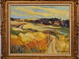 a painting of a landscape with a dirt road in the foreground