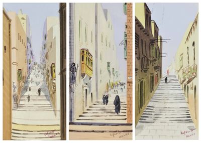 three paintings of people walking down a narrow street in a city