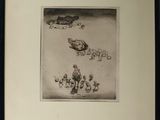 framed drawing of a group of people and a dog on a beach