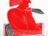 a red and white picture of a woman holding a tennis racquet