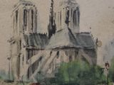 a watercolor painting of a building and a bridge