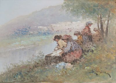 painting of a group of people sitting on a hill next to a body of water