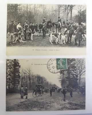 two black and white photos of a group of people and horses