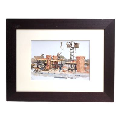 framed picture of a picture of a town with a windmill in the background