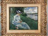 a painting of a woman in a hat sitting on the grass