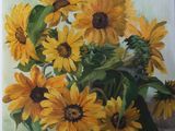 une peinture de tournesols dans un vase sur une table
