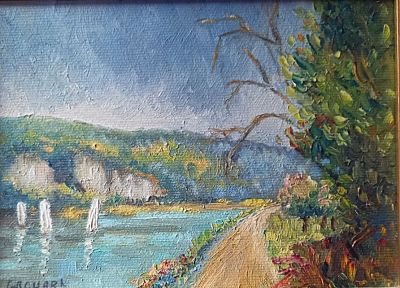 a painting of a view of a lake with sailboats in the water