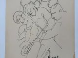 dessin représentant un groupe de personnes alignées, parmi lesquelles un homme tenant un enfant dans ses bras