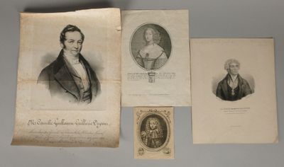 trois anciens portraits gravés représentant des hommes et des femmes, dont un portrait d'un homme et d'une femme