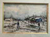 a picture of a painting of people walking in the snow