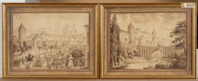 deux dessins encadrés représentant un paysage avec un château en arrière-plan