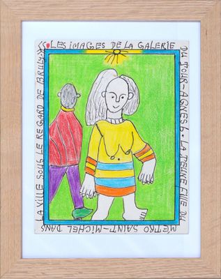 drawing of a woman walking with a man in the background