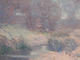a painting of a landscape with a river in the foreground