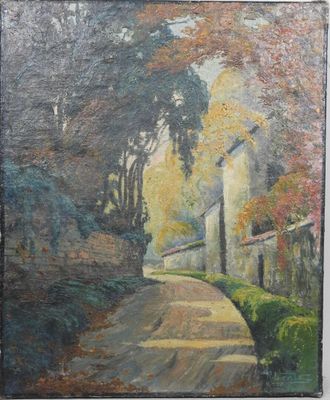 une peinture à l'huile représentant une route de campagne avec une maison et des arbres