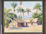 an oil painting of a village with palm trees in the background