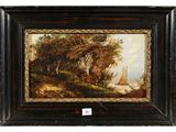 un tableau représentant un voilier dans un paysage boisé parsemé d'arbres