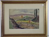 une image représentant une aquarelle représentant un paysage, dans un cadre doré