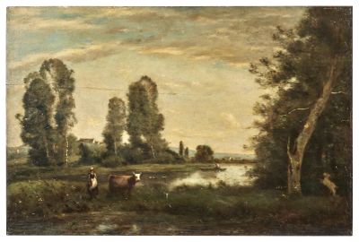 un tableau représentant deux vaches au bord d'une rivière