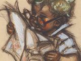 dessin représentant un enfant lisant un journal tout en portant des lunettes