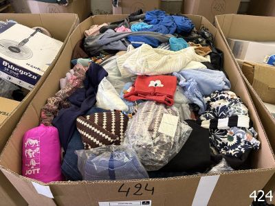 a cardboard box filled with clothes and other items