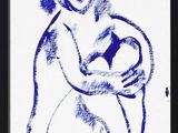 blue ink drawing of a woman holding a soccer ball on a white background