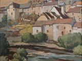 tableau représentant la vue d'un village avec une rivière au premier plan