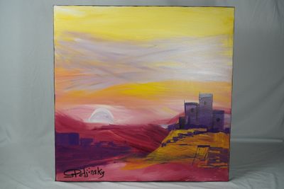 peinture représentant un tableau représentant un coucher de soleil avec un château au loin