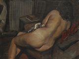 tableau représentant une femme nue assise sur une chaise dans une pièce sombre