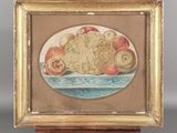 tableau représentant une corbeille de fruits posée sur une table, avec un chevalet en bois