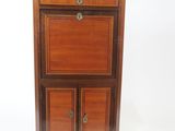 an old wooden cabinet with a marble top on a white background