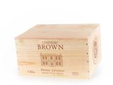 wooden wine box with a brown label on the front of it