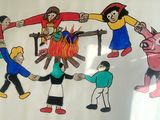 dessin représentant un groupe de personnes se tenant par la main autour d'un feu de camp