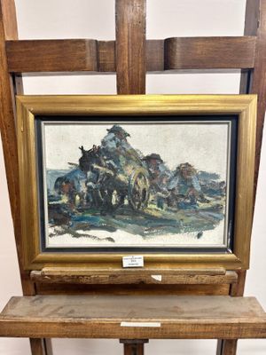an oil painting of a horse drawn carriage on a wooden easel