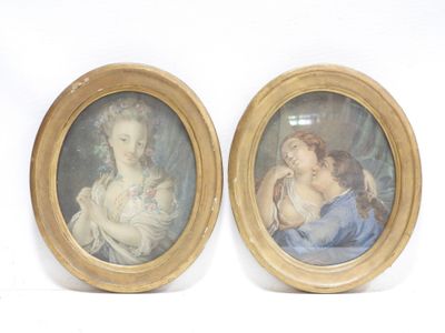 two framed paintings of a woman and a child in a gold frame