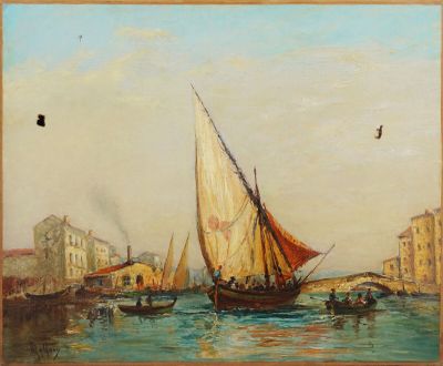 une image représentant un tableau où l'on voit des bateaux sur l'eau près de bâtiments